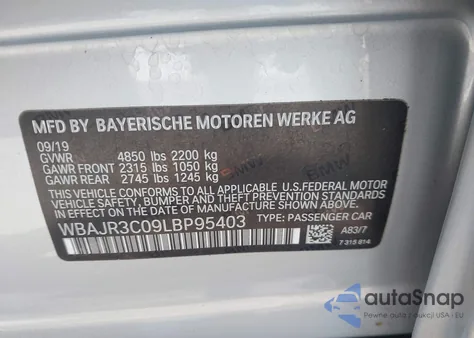 2020 BMW 530I из США, поврежденный, VIN WBAJR3C09LBP95403